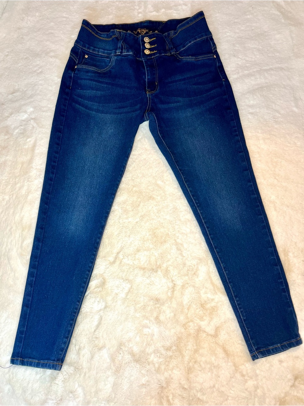 Bella High-Rise Rhinestone Button Skinny Jeans Dark Wash Size 13